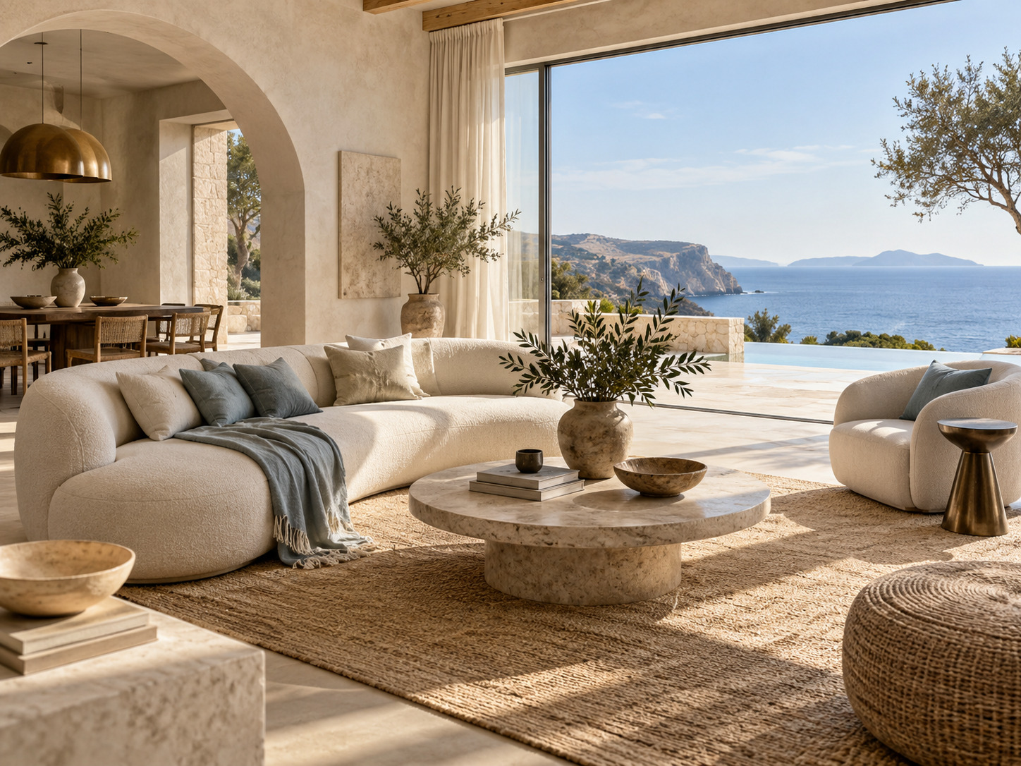 Sunlit living space with natural wood, soft textures and an open kitchen
