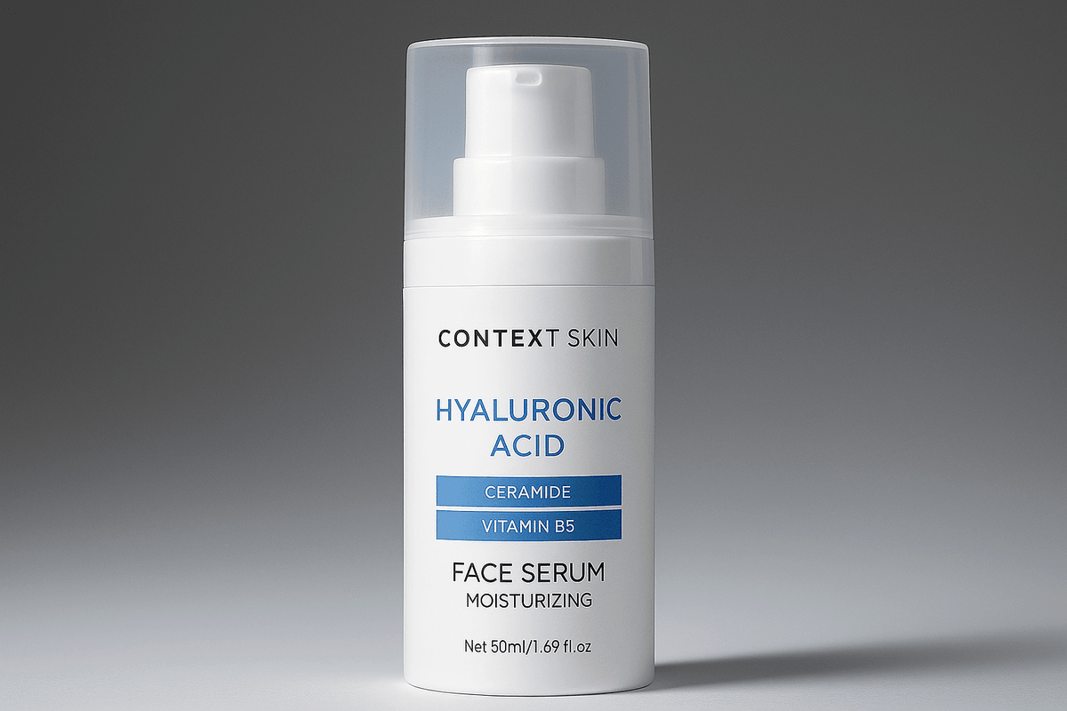 White CONTEXT Skin Hyaluronic Acid Face Serum pump bottle with blue ingredient label