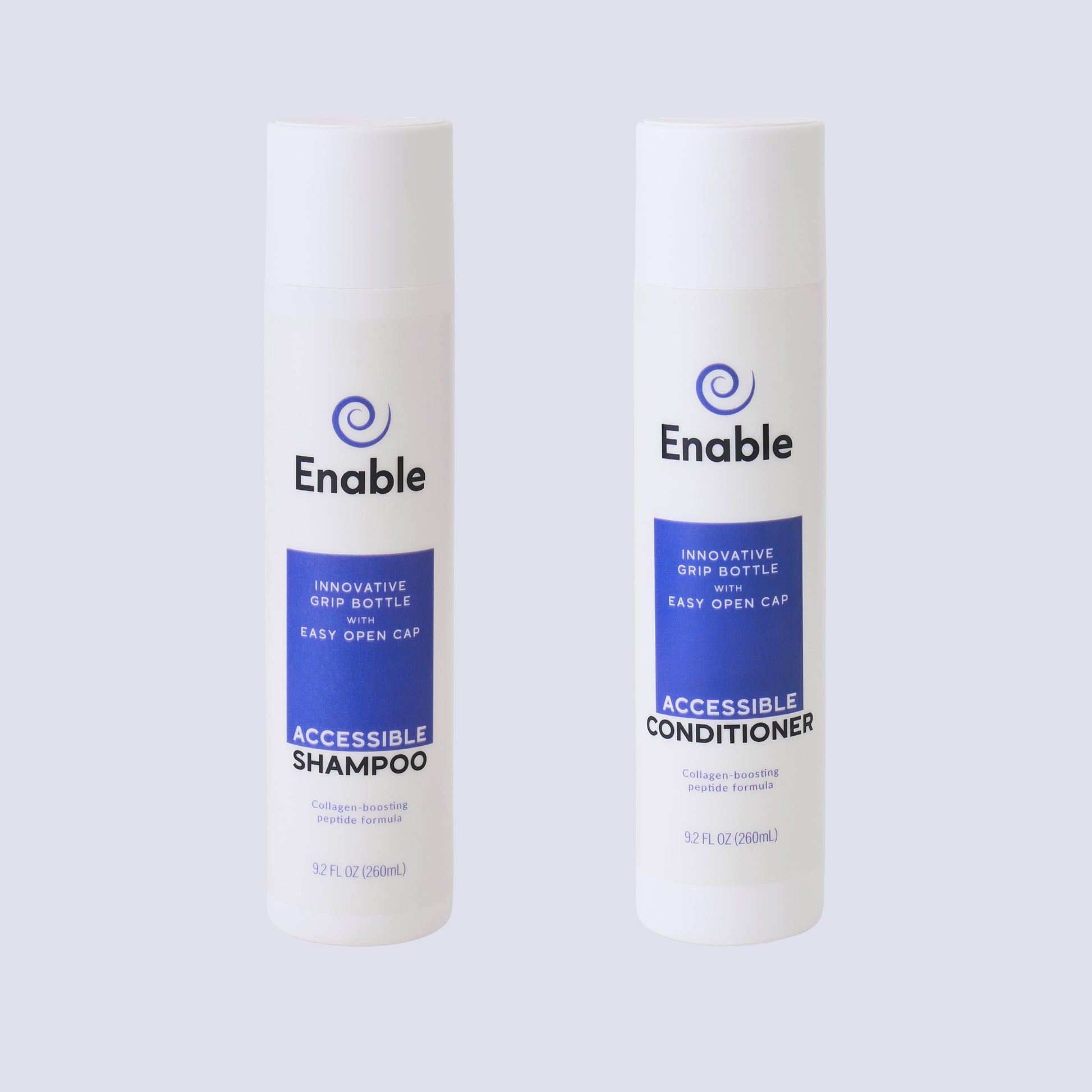 Enable accessible shampoo and conditioner in easy-grip white bottles