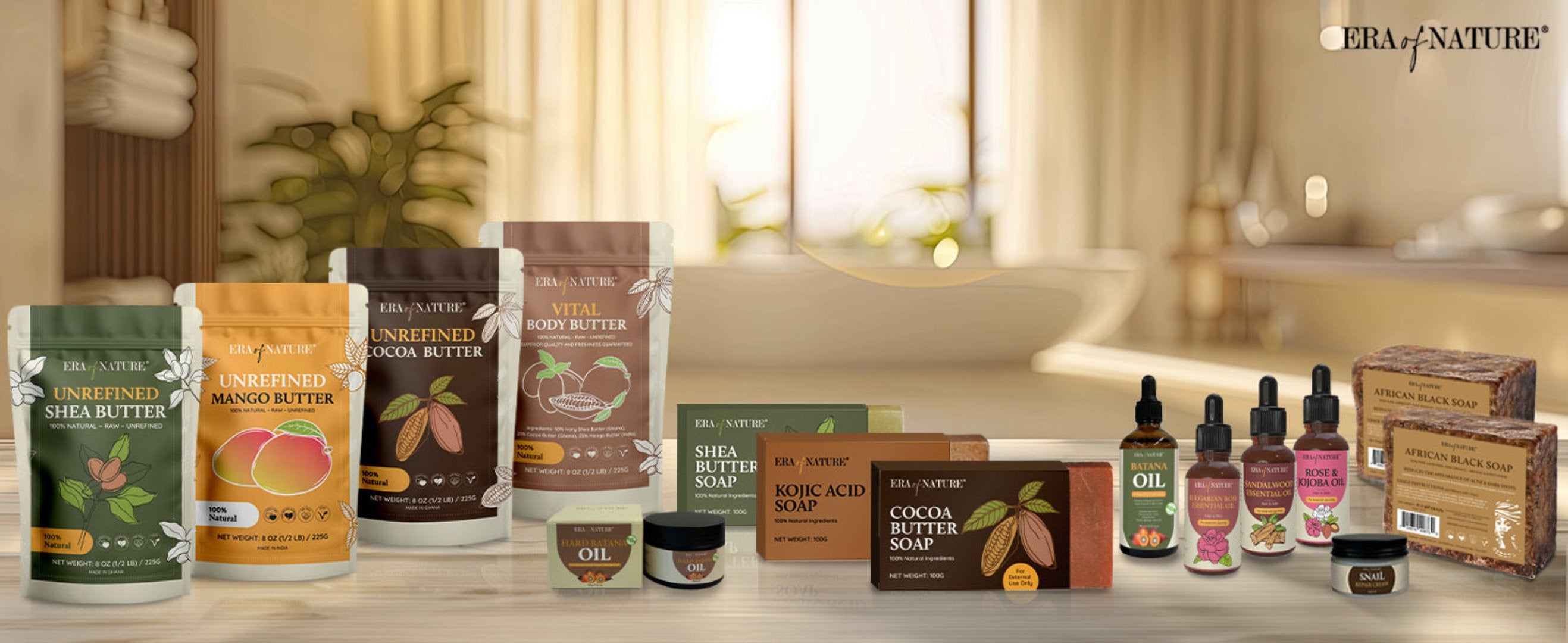 Era of Nature natural skincare range with plant oils, African black soap and body care products