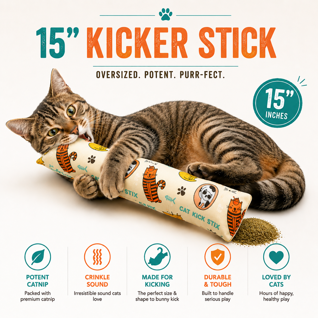 Tabby cat hugging a Kitty Kick Stix 15-inch printed catnip kicker