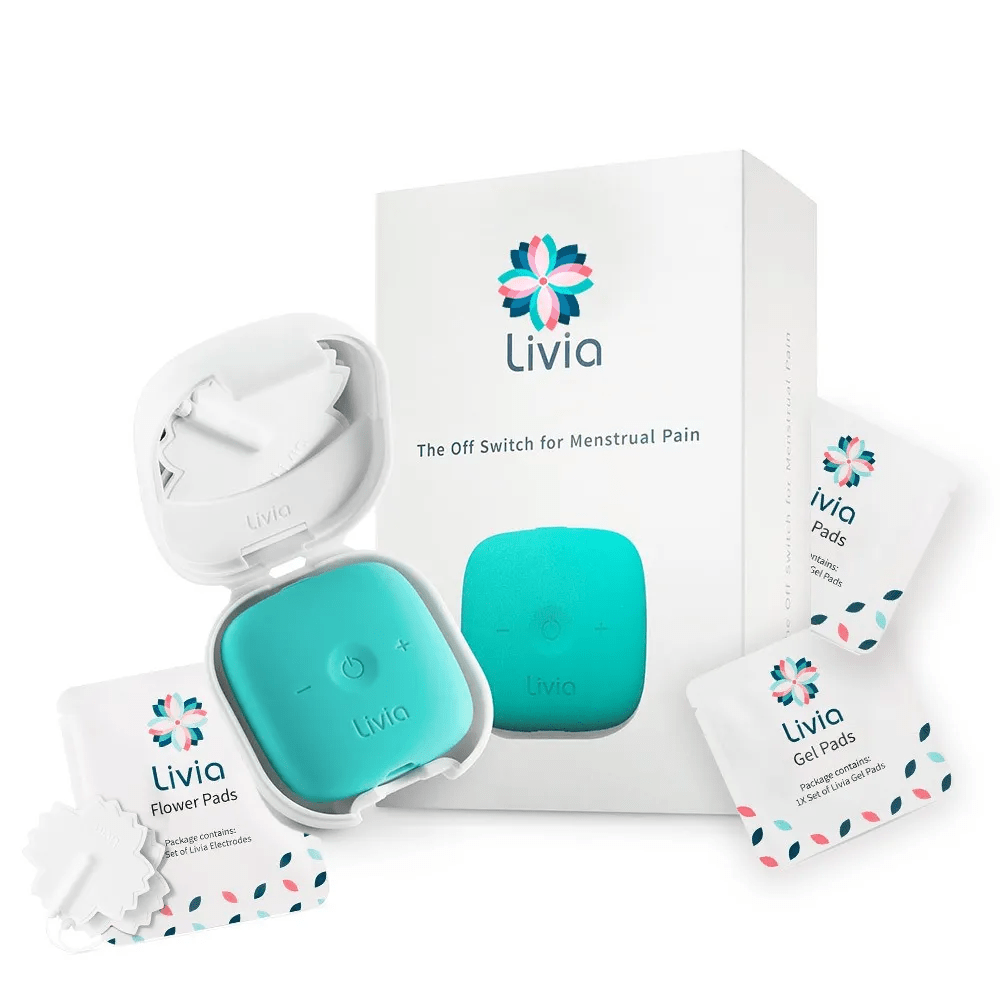 Livia turquoise wearable menstrual pain relief device with carrying case and gel pads