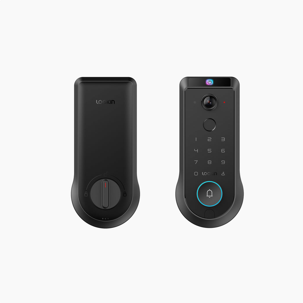 Lockin Veno Pro black smart door lock showing front video keypad and interior turn knob