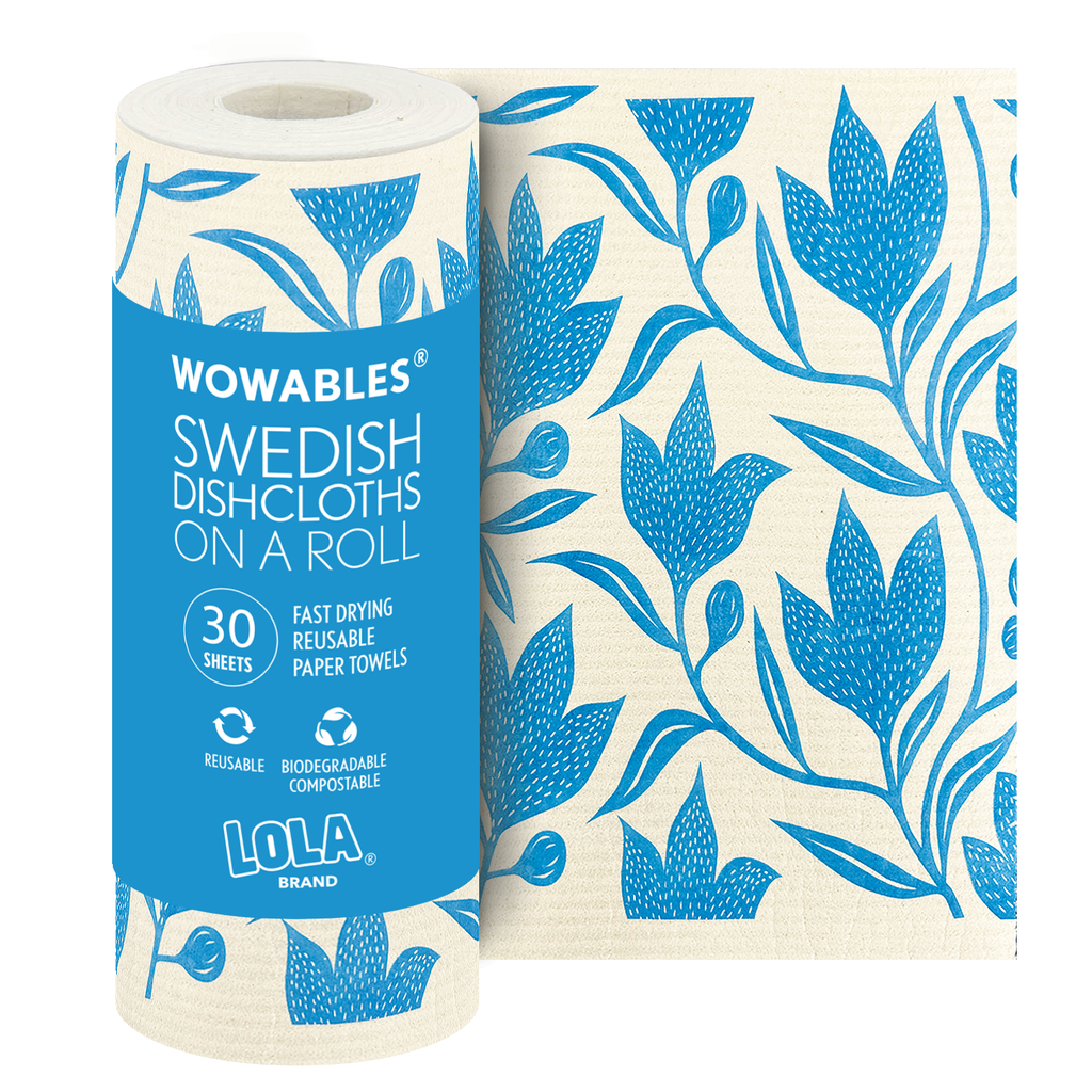 Lola Wowables blue patterned reusable Swedish dishcloth roll