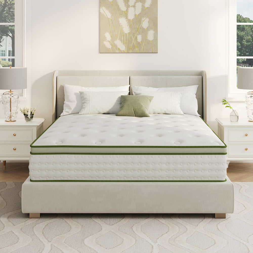 Mattress Express EverGreen hybrid mattress with white quilted cover and green trim