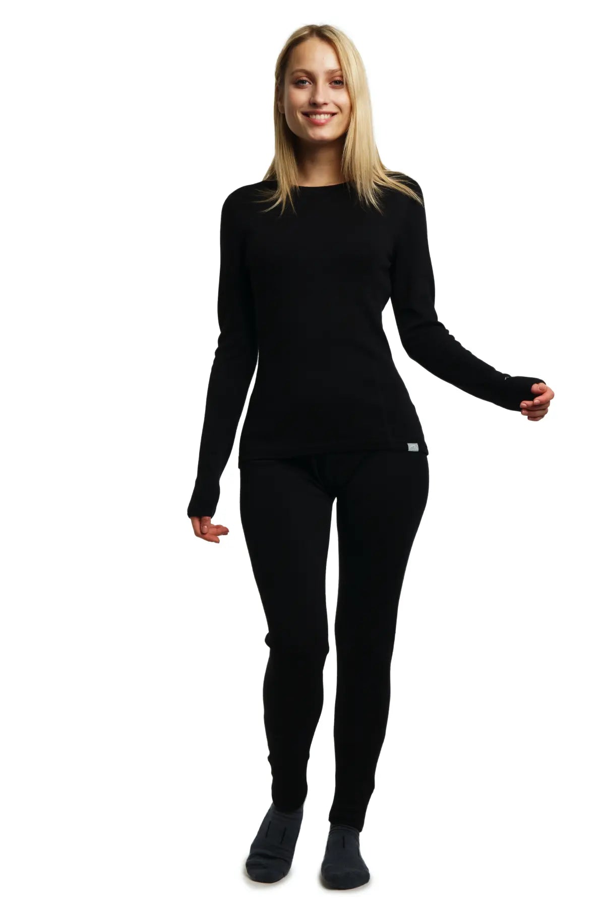 Merino Tech women’s black midweight wool base layer top and leggings