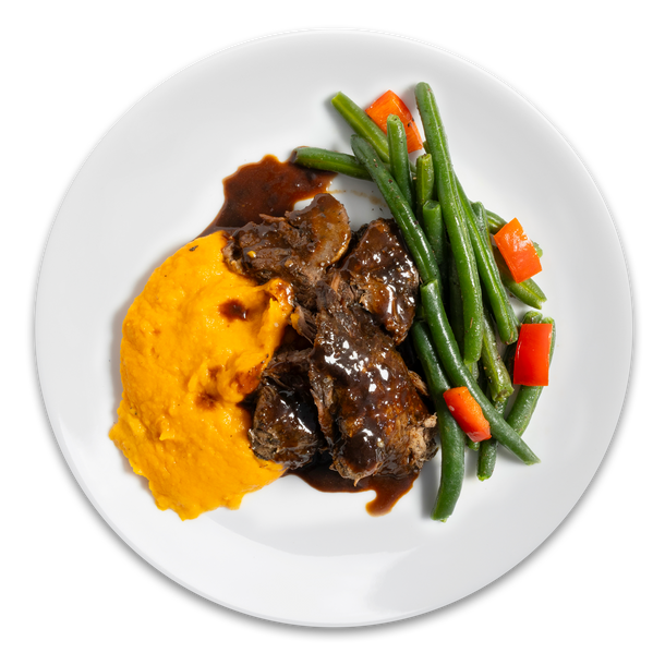 ModifyHealth braised beef with mashed sweet potatoes and green beans