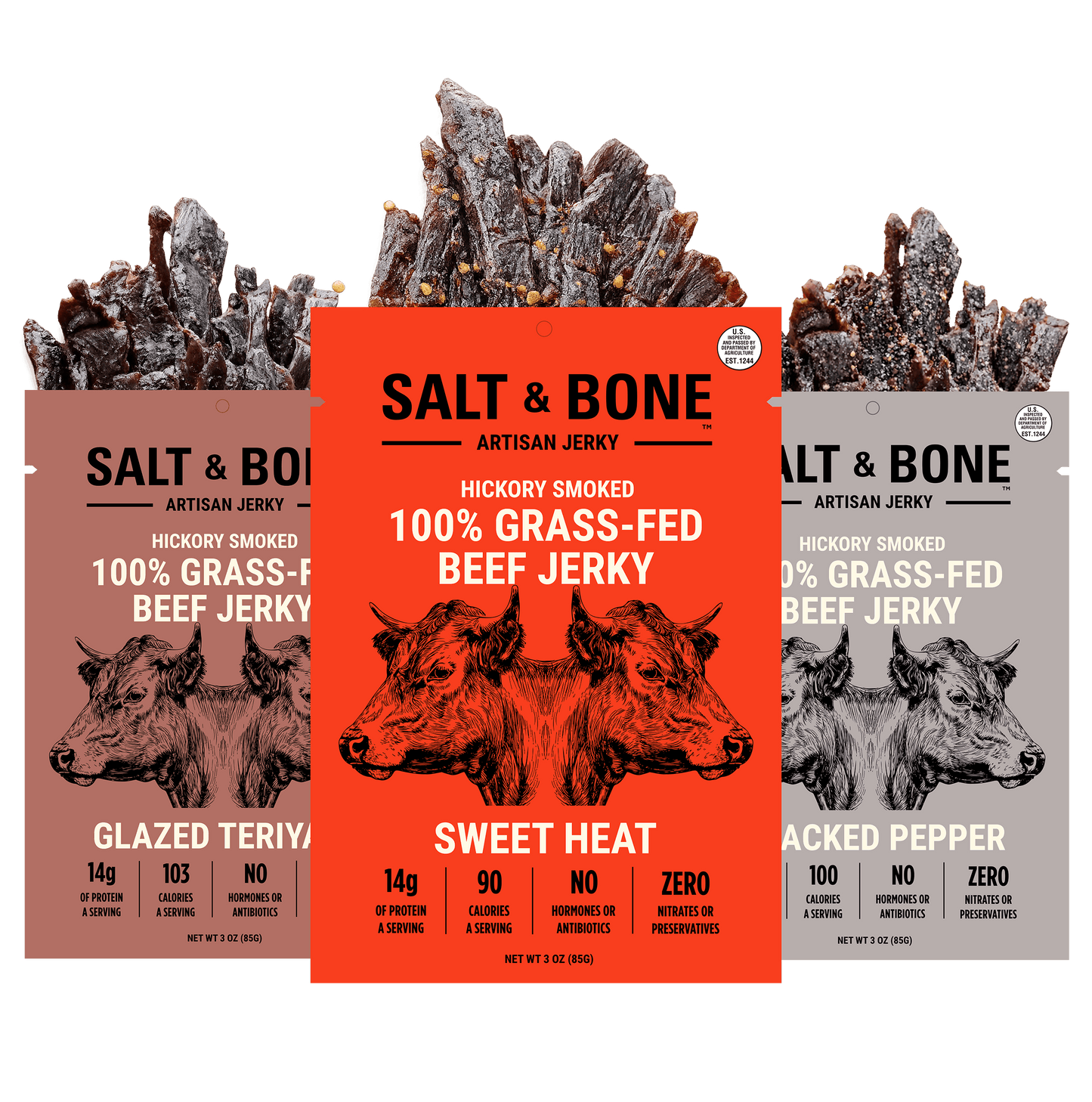 Salt and Bone Sweet Heat, Glazed Teriyaki and Cracked Pepper jerky packages together