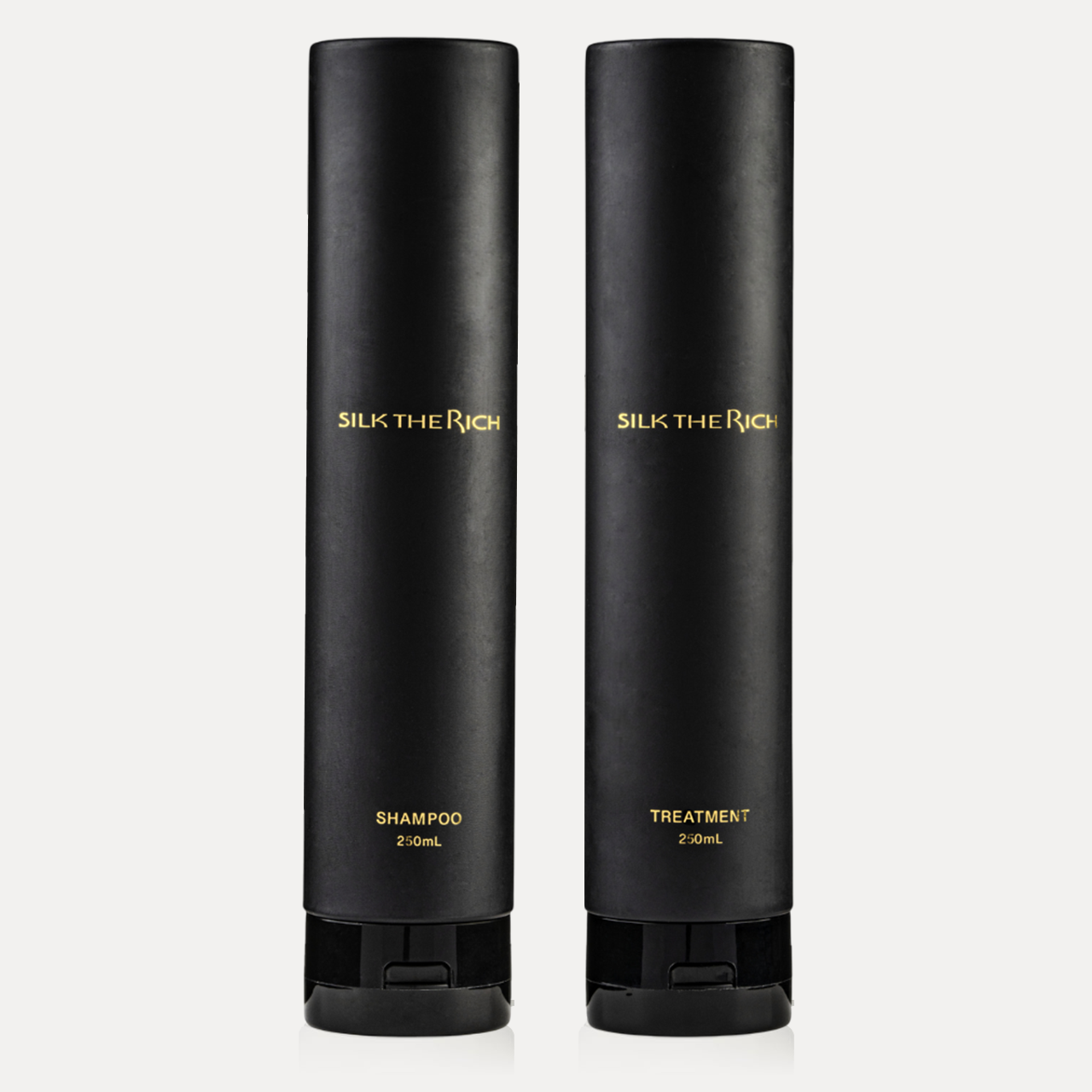 SILK THE RICH SCALP shampoo and conditioner in black bottles with gold lettering