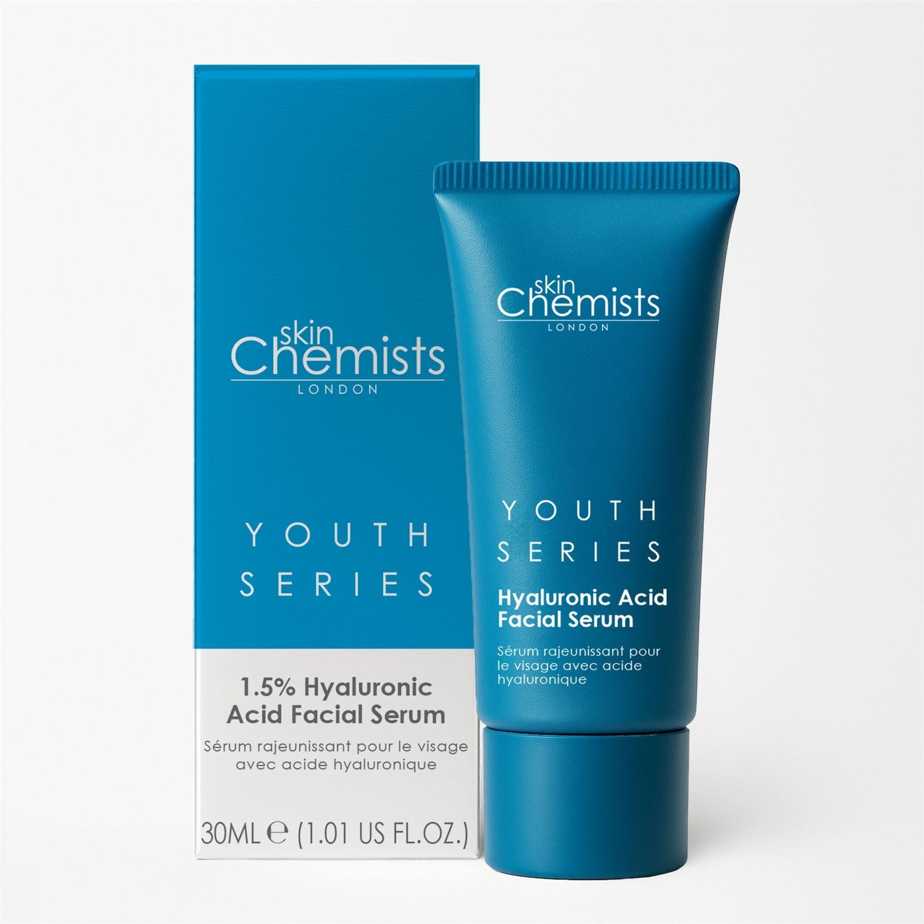 skinChemists blue Hyaluronic Acid Facial Serum tube with packaging