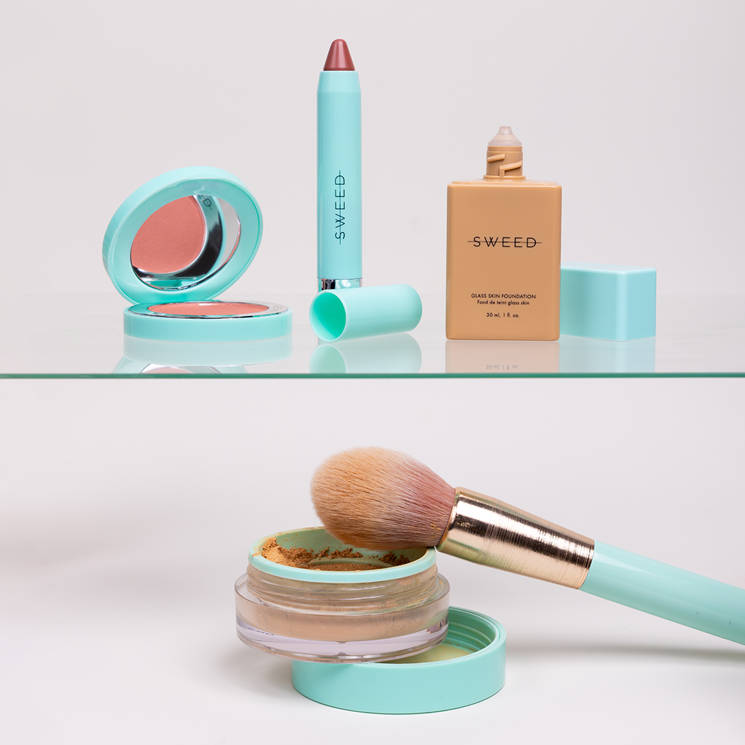 Sweed Beauty cream blush, lipstick, foundation and face powder display