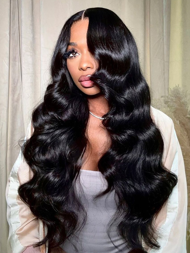 Model wearing a West Kiss natural black body-wave glueless human hair wig