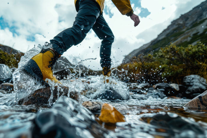 Hiker wearing outdoor pants while crossing a mountain stream