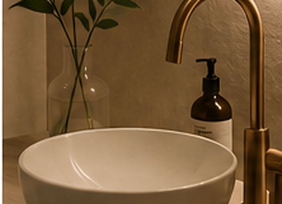 Minimal bathroom wellness ritual with warm lighting
