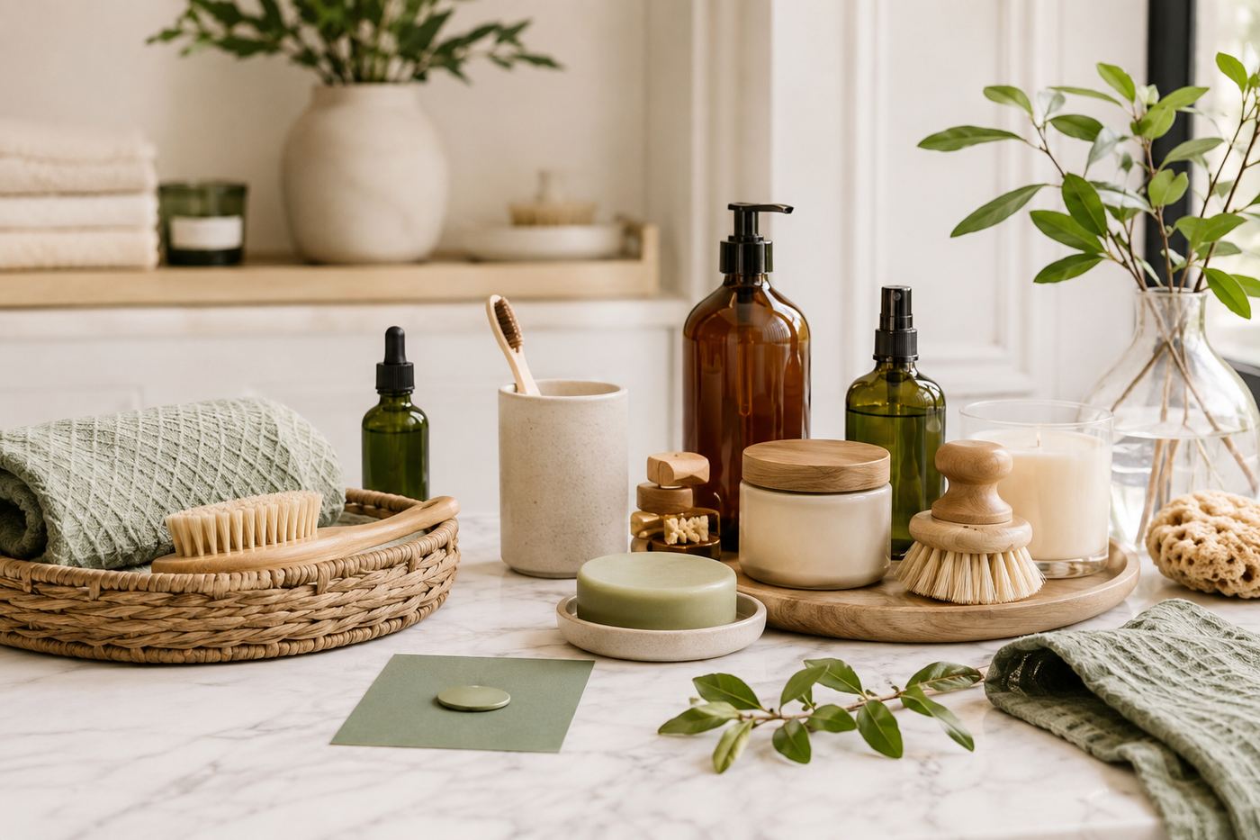 Warm bathroom aesthetic with calm clean-living styling