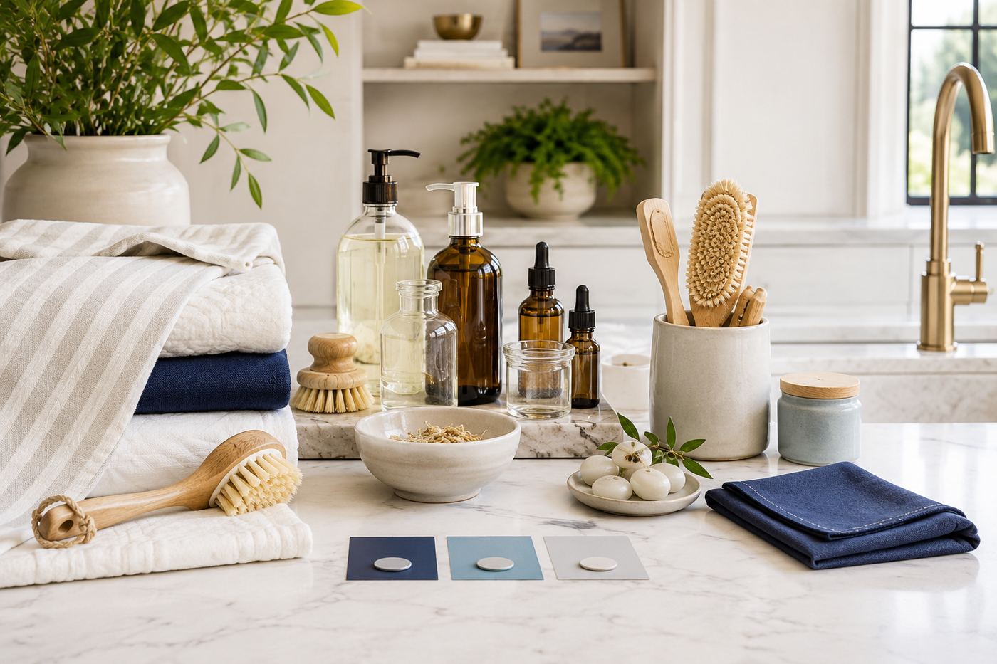 Spa-inspired bathroom vignette with warm natural materials