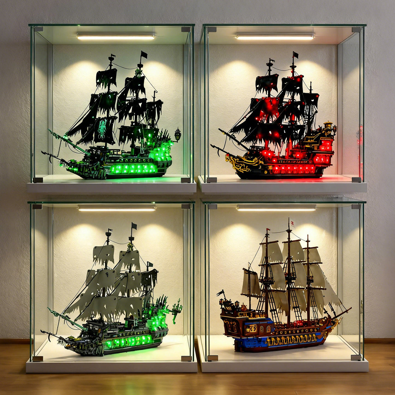 JMBricklayer illuminated ship building sets displayed in collector cases