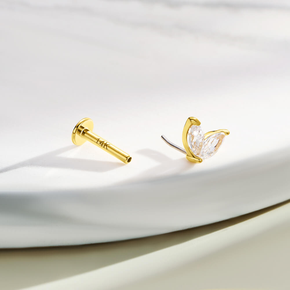 OUFER 14K gold leaf threadless cartilage jewelry