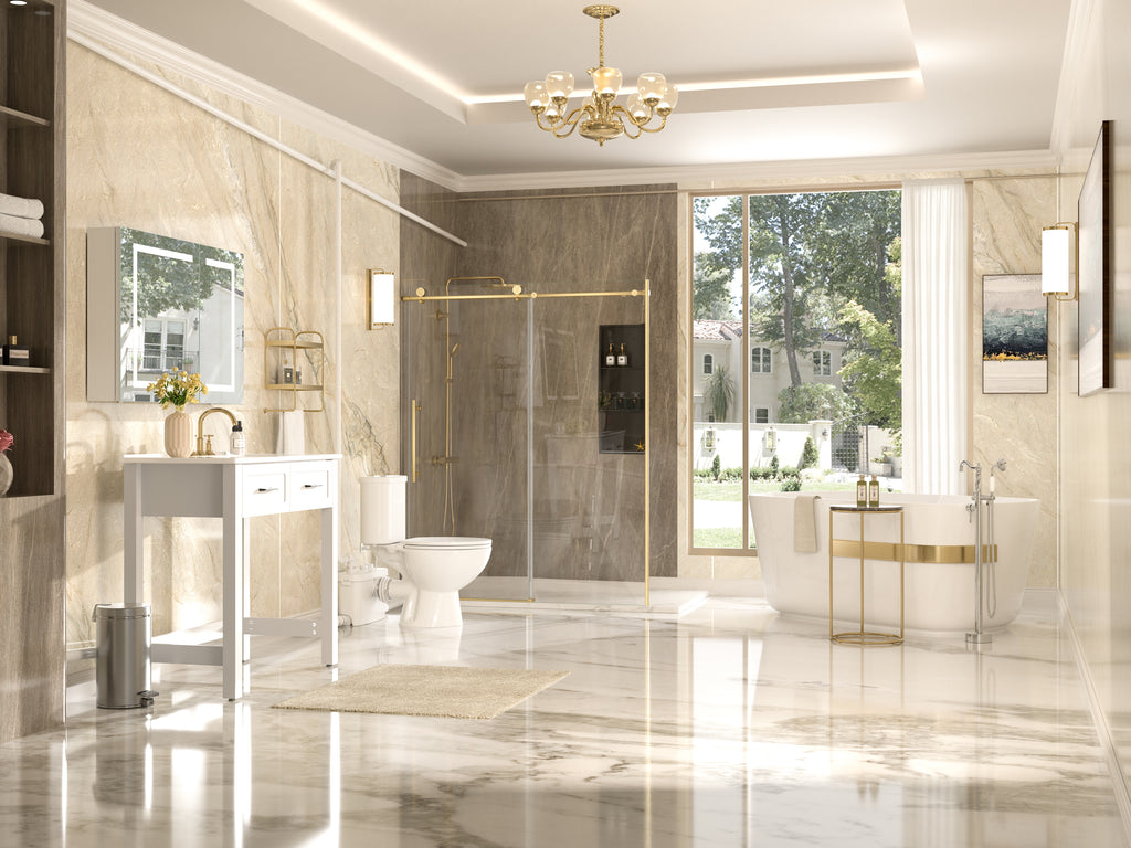 Simple Project bathroom with vanity, toilet, shower door and fixtures