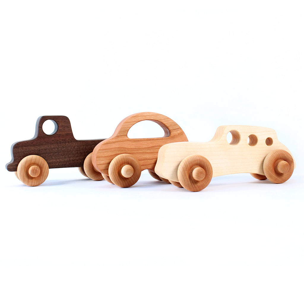Set of handcrafted wooden toy cars from Smiling Tree Toys