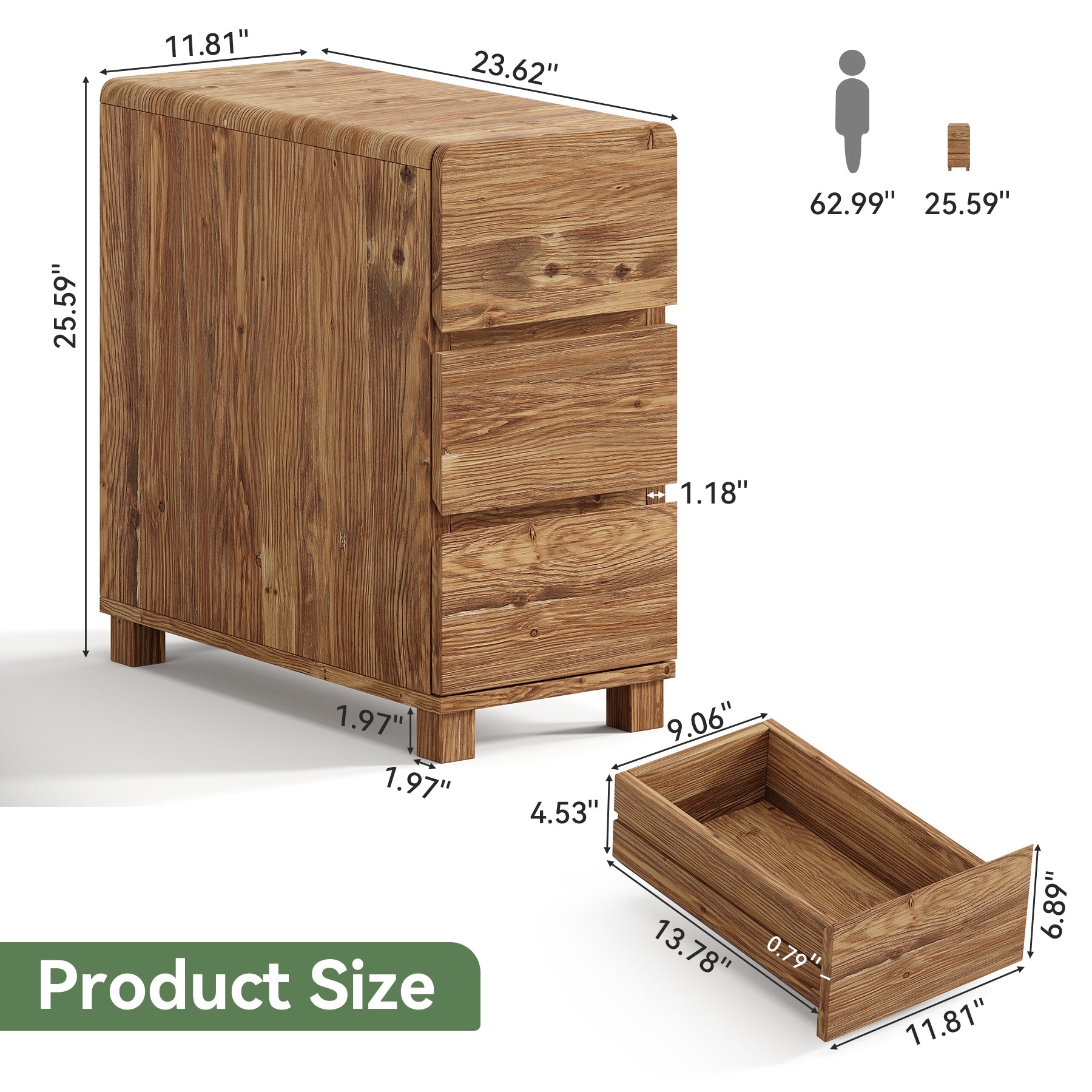 Tribesigns solid wood three-drawer nightstand