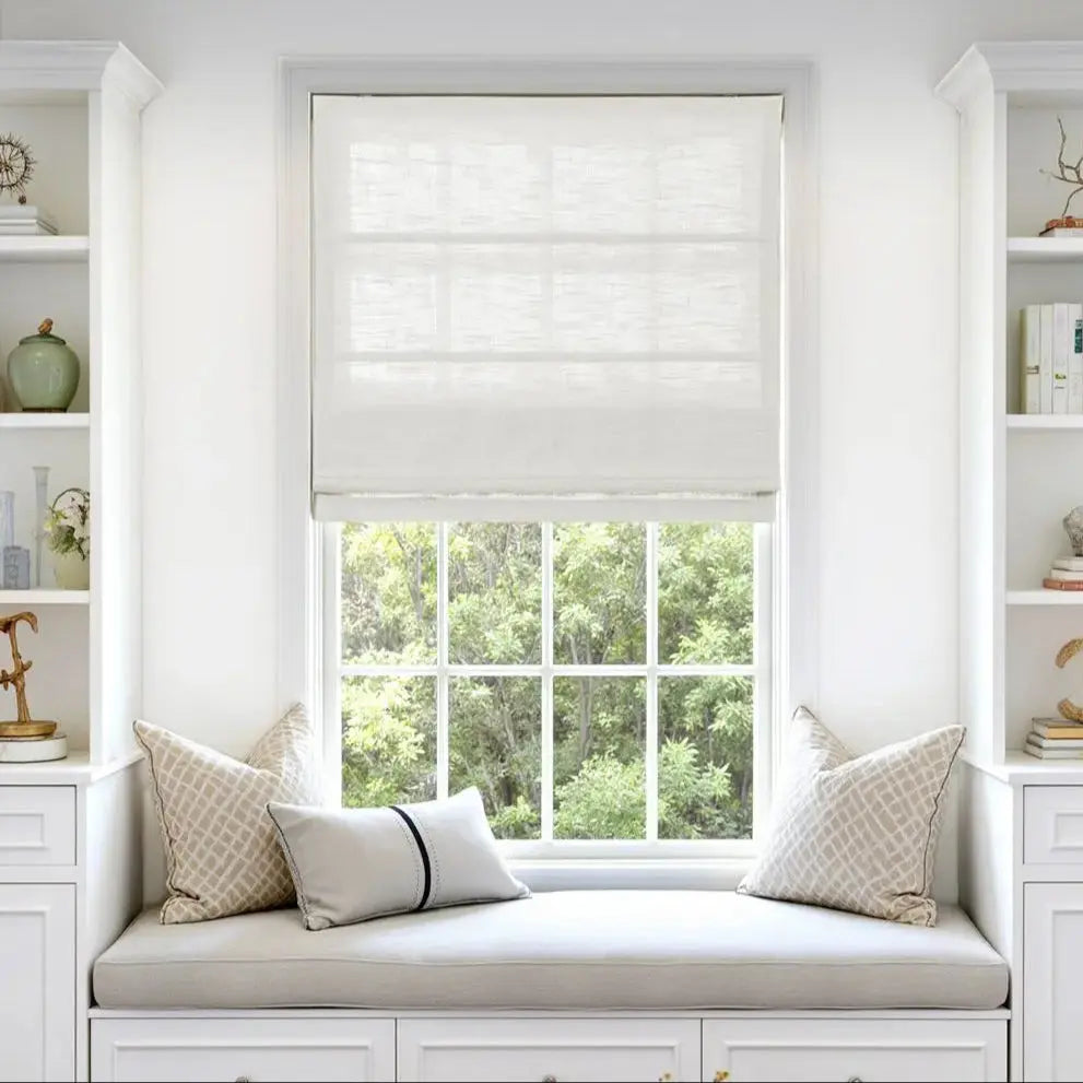 TWOPAGES custom linen Roman shade in a refined interior