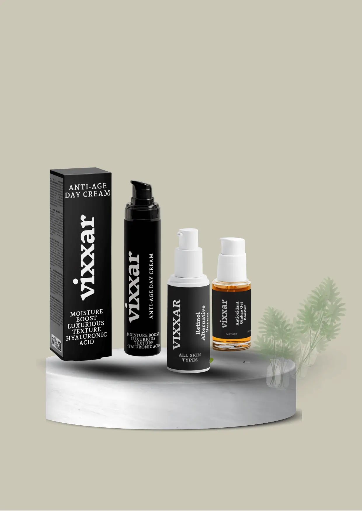 Vixxar vegan facial skincare products including creams and serums